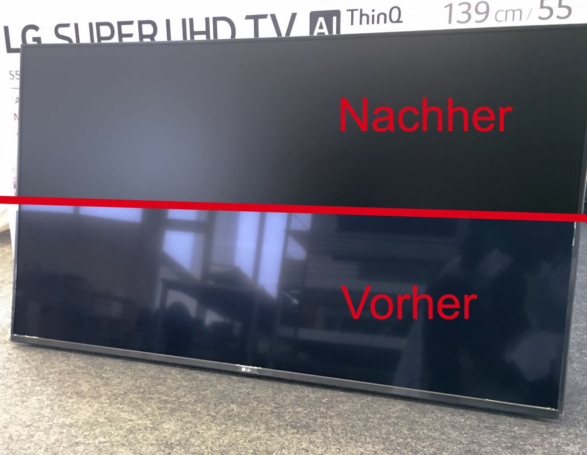 55 inch UHD TV set in clean room laminated with dipos Antireflex Screenprotector (anti-reflective) for use at a trade fair. (Below before, above after lamination)